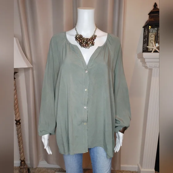 ANTHROPOLOGIE LA VI BY SAM & LAVI Riverwalk Buttondown Top, Green M - Picture 4 of 14